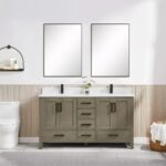 A modern bathroom features a Basel 60 Inch Double Bathroom Vanity with double sinks, two rectangular mirrors, a potted plant, a toilet, a towel basket, and light wood-paneled walls topped with fresh white paint.