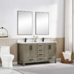 A modern bathroom highlights a Basel 60 Inch Double Bathroom Vanity with two sinks, two rectangular mirrors, a white toilet, basket of rolled towels, potted plant, and light wood wall paneling under white walls lit by natural light from the right.