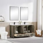 Modern bathroom featuring a Basel 60 Inch Double Bathroom Vanity with double sinks, two large mirrors, open drawers and cabinet doors revealing organized storage, a white toilet, and a basket of towels near a window with sheer curtains.