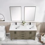 A modern bathroom with a Basel 60 Inch Double Bathroom Vanity, two rectangular mirrors over each sink, a potted plant between them, and a toilet to the left. The light wood vanity has black fixtures, marble tile floors, and crisp white walls.