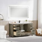 Modern bathroom featuring the Basel 60 Inch Single Bathroom Vanity in gray with open storage, white countertop, backlit mirror, toilet, wicker basket with towels, lamp, neutral decor, and light wood paneling with curtains in the background.