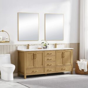 A modern bathroom features a Basel 72 Inch Double Bathroom Vanity with two rectangular mirrors above, a white toilet, a towel ring with a hanging towel, and a basket of towels on the floor, all illuminated by natural light.