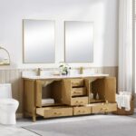 A modern bathroom with a Basel 72 Inch Double Bathroom Vanity featuring open cabinets and drawers, a white countertop, two large mirrors, a potted plant, and a towel basket on the floor beside the toilet.