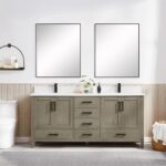Modern bathroom with a Basel 72 Inch Double Bathroom Vanity, two rectangular mirrors, black faucets, potted plant, and accessories. To the left are a toilet and round wall shelf with toiletries; to the right sits a laundry basket.