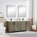 A modern bathroom features a Basel 72 Inch Double Bathroom Vanity in light wood, two rectangular mirrors above, a toilet on the left, a wall-mounted light, and a basket with towels on the right. The minimal decor is neutral-toned.