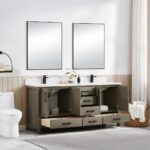 Modern bathroom with a Basel 72 Inch Double Bathroom Vanity in wood finish, open cabinet doors and drawers for storage, two large mirrors above, a toilet on the left, neutral decor, and a soft rug on the floor.