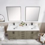 Modern bathroom featuring a Basel 72 Inch Double Bathroom Vanity, two rectangular mirrors, black faucets, a potted plant, and toiletries on the counter. Light walls, tile flooring, and a toilet complete the look.