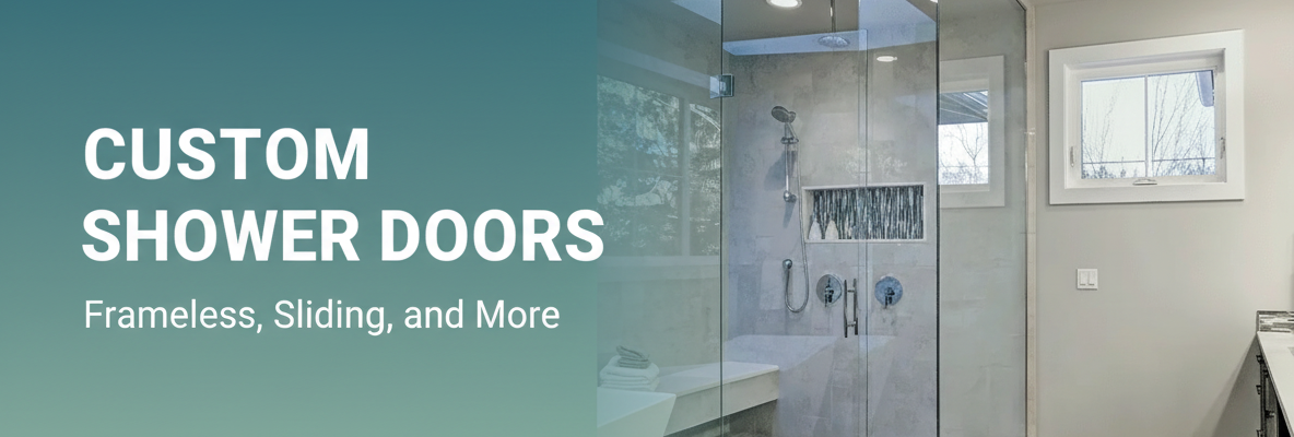 A modern bathroom with a large frameless glass shower enclosure, featuring sliding doors and a tiled interior. Text on a blue gradient background reads: Custom Shower Doors: Frameless, Sliding, and More.