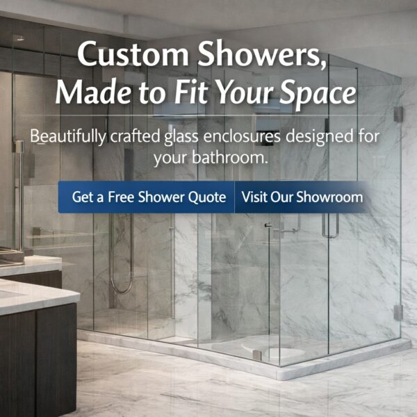 Modern bathroom featuring a large, frameless glass shower enclosure with marble walls and floor. Text overlay advertises Custom Shower Enclosures & Glass Shower Doors—get a free quote or visit our showroom for Modern Bathroom Solutions.