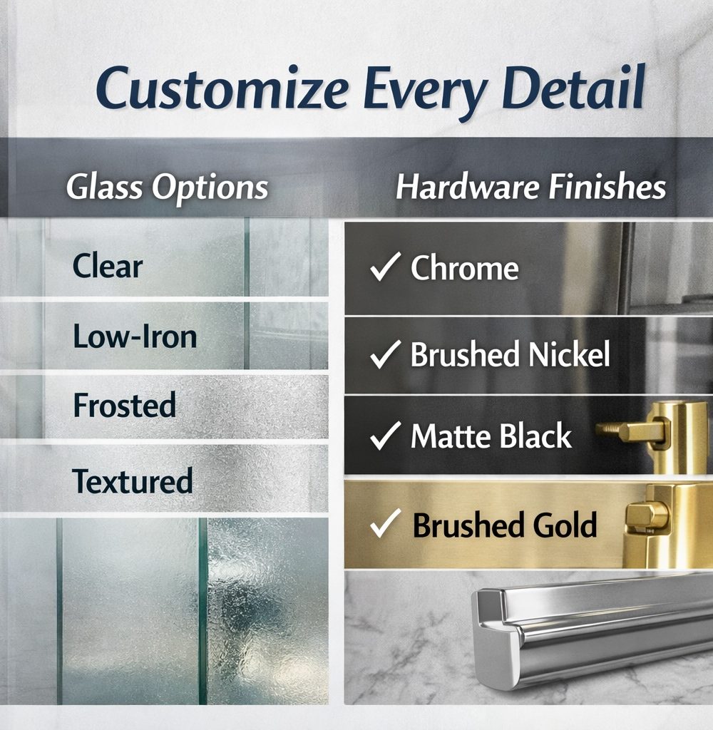 A comparison chart for customizing Custom Shower Enclosures & Glass Shower Doors, showing glass options (Clear, Low-Iron, Frosted, Textured) and hardware finishes—perfect for exploring modern bathroom solutions with sample images and photos.