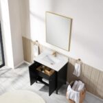 A modern bathroom featuring the Torino 30 Inch Bathroom Vanity Cabinet with an open design, marble countertop sink, gold faucet, gold-framed mirror, towel rings with white towels, and a basket of rolled towels on a marble floor.