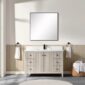 A bathroom featuring the Torino 48 Inch Bathroom Vanity with a white sink, a square mirror above, towel rings with white towels on both sides, a wicker basket with rolled towels on the right, and white walls with light wood paneling.