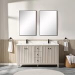 A modern bathroom featuring the Torino 60 Inch Double Bathroom Vanity Cabinet, two rectangular mirrors above, black towel rings with white towels on each side, a basket of rolled towels in the corner, and light wood and neutral tones throughout.