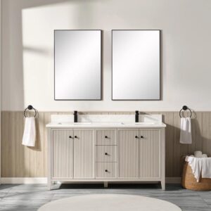 A modern bathroom featuring the Torino 60 Inch Double Bathroom Vanity Cabinet, two rectangular mirrors above, black towel rings with white towels on each side, a basket of rolled towels in the corner, and light wood and neutral tones throughout.