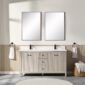 A modern bathroom featuring the Torino 60 Inch Double Bathroom Vanity Cabinet, two rectangular mirrors above, black towel rings with white towels on each side, a basket of rolled towels in the corner, and light wood and neutral tones throughout.