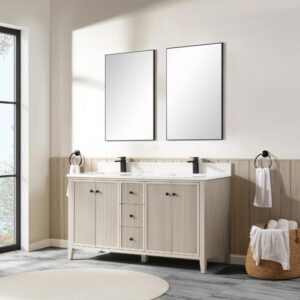 A modern bathroom features the Torino 60 Inch Double Bathroom Vanity Cabinet, two rectangular mirrors, black faucets, towel rings with white towels, a window, and a basket of rolled towels on a marble floor.
