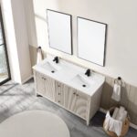 Modern bathroom featuring the Torino 60 Inch Double Bathroom Vanity Cabinet with double sinks, black faucets, two black-framed mirrors above, white towels on ring holders, a towel basket on the floor, and large windows for natural light.