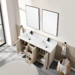 A modern bathroom features the Torino 60 Inch Double Bathroom Vanity Cabinet with a white countertop, black faucets, two mirrors, open doors and drawers, white towels, a basket of rolled towels, and a round rug on marble flooring.