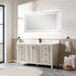 A bright, modern bathroom features the Torino 60 Inch Single Bathroom Vanity with a large lighted mirror above. The vanity includes black fixtures, multiple drawers, and white towels on black towel rings, with light wood and tile accents visible.