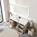 Overhead view of the Torino 60 Inch Single Bathroom Vanity featuring a white marble countertop, integrated sink, black faucet, open drawers and cabinet doors, storage baskets, large mirror, and towel ring with white towel.