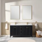 A modern bathroom features the Torino 60 Inch Double Bathroom Vanity Cabinet with black finish, gold hardware, dual rectangular mirrors, white countertops, towel rings with white towels, and a wicker basket on a white tile floor.
