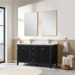 Modern bathroom featuring the Torino 60 Inch Double Bathroom Vanity Cabinet with black finish, gold faucets, two rectangular gold-framed mirrors, light wood paneling under beige walls, side-hung towels, and natural light from a large window.