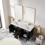 A modern bathroom features the Torino 60 Inch Double Bathroom Vanity Cabinet with a white countertop, gold faucets, dual gold-framed mirrors, open storage, towel rings, marble floor, and a wicker basket of rolled towels.