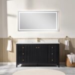 Modern bathroom featuring the Torino 60 Inch Single Bathroom Vanity with gold handles, marble countertop, and a large illuminated mirror above. Gold towel rings and light wood paneled walls complete the elegant look.