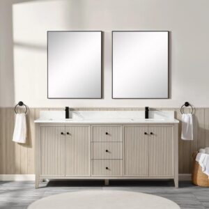 A modern bathroom features the Torino 72 Inch Double Sink Bathroom Vanity Cabinet, two large rectangular mirrors, black faucets, white towels on towel rings, a wicker basket with towels, and light wood accents in neutral tones.