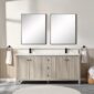 A modern bathroom features the Torino 72 Inch Double Sink Bathroom Vanity Cabinet, two large rectangular mirrors, black faucets, white towels on towel rings, a wicker basket with towels, and light wood accents in neutral tones.