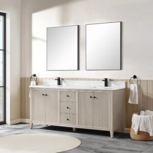 A modern bathroom featuring the Torino 72 Inch Double Sink Bathroom Vanity Cabinet, two rectangular mirrors, black faucets, hand towels on both sides, light wood cabinets, a large window for natural light, gray tile flooring, and a round rug.