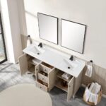 A modern bathroom featuring the Torino 72 Inch Double Sink Bathroom Vanity Cabinet with a white countertop, open cabinet doors, two rectangular mirrors, towel rings with white towels, and a basket of rolled towels on a marble floor.