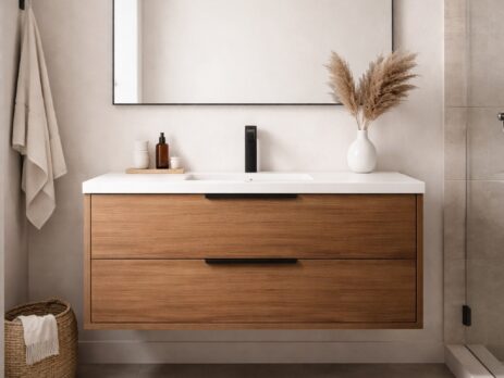 Modern bathroom with a 36-inch vanity installed, showing realistic proportions and layout