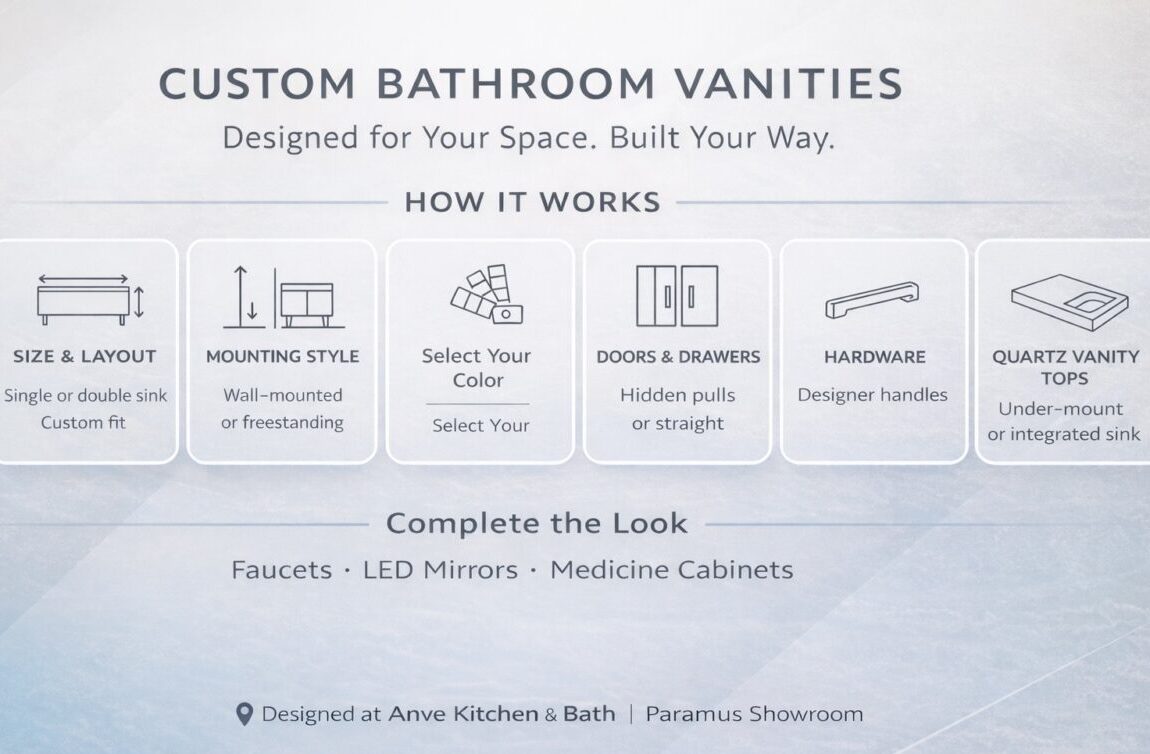 Infographic for Custom Bathroom Vanities shows steps: choose size/layout, mounting style, countertop, doors/hardware, and vanity tops. Complete your custom bathroom vanities with faucets, LED mirrors, and medicine cabinets.