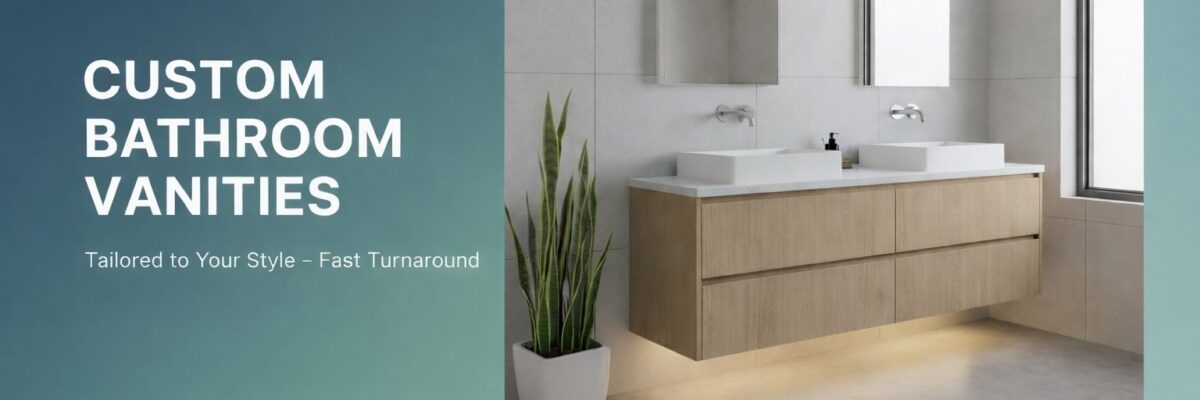 A modern bathroom features a floating wooden custom bathroom vanity, double sinks, large mirrors, and a potted plant. Text reads: Custom Bathroom Vanities - Tailored to Your Style – Fast Turnaround.