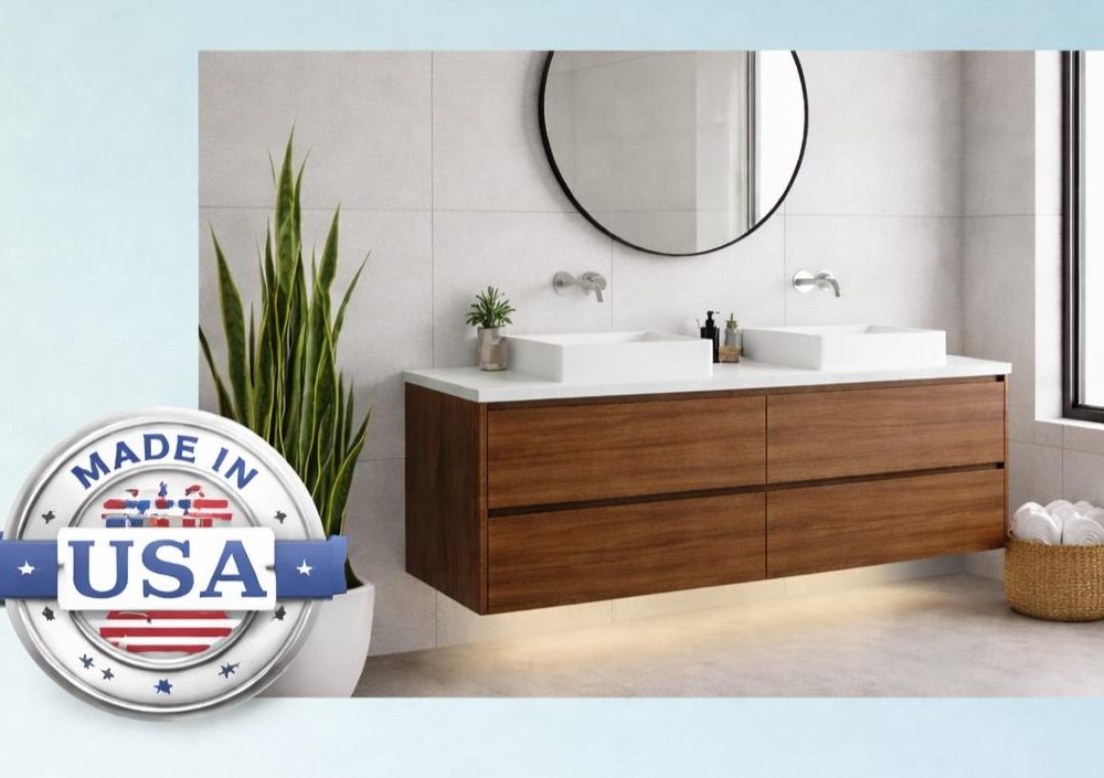 Modern bathroom with custom bathroom vanities, floating wooden design, two vessel sinks, a round mirror, tall green plant, and a basket; “Made in USA” badge is overlaid in the lower left corner.