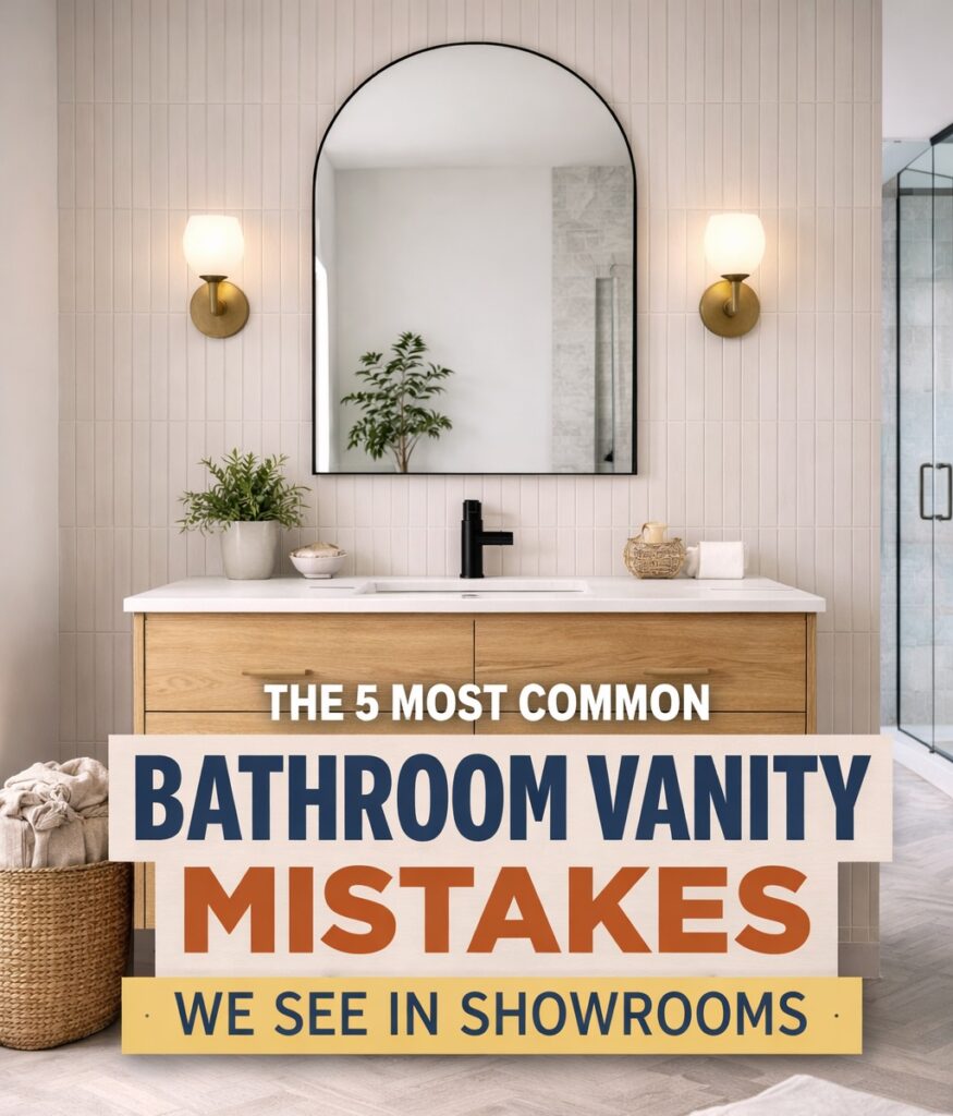 A modern bathroom with a wooden vanity, round mirror, wall sconces, and a woven hamper. Text overlay reads: The 5 Most Common Bathroom Vanity Mistakes We See In Showrooms. Avoid these common bathroom vanity mistakes when designing your space.