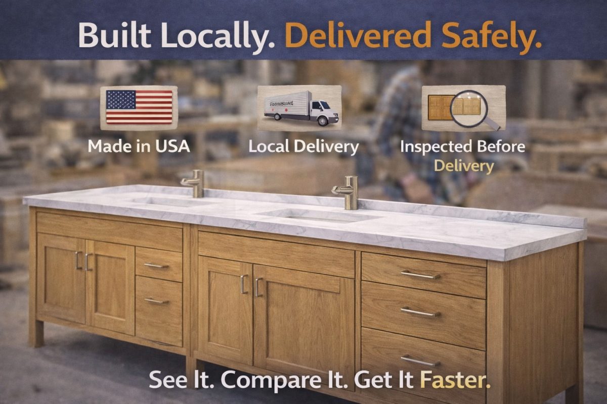 A wooden double-sink vanity with a marble top is shown. Above, text reads “Built Locally. Delivered Safely.” with icons for Made in USA, Local Delivery, and Inspected Before Delivery—perfect for those seeking custom bathroom vanities.