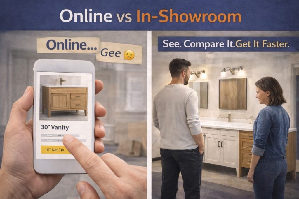 A split image compares shopping for Custom Bathroom Vanities online and in the showroom. Left: a hand uses a phone to browse options. Right: two people view real vanities under bright lighting in-store.